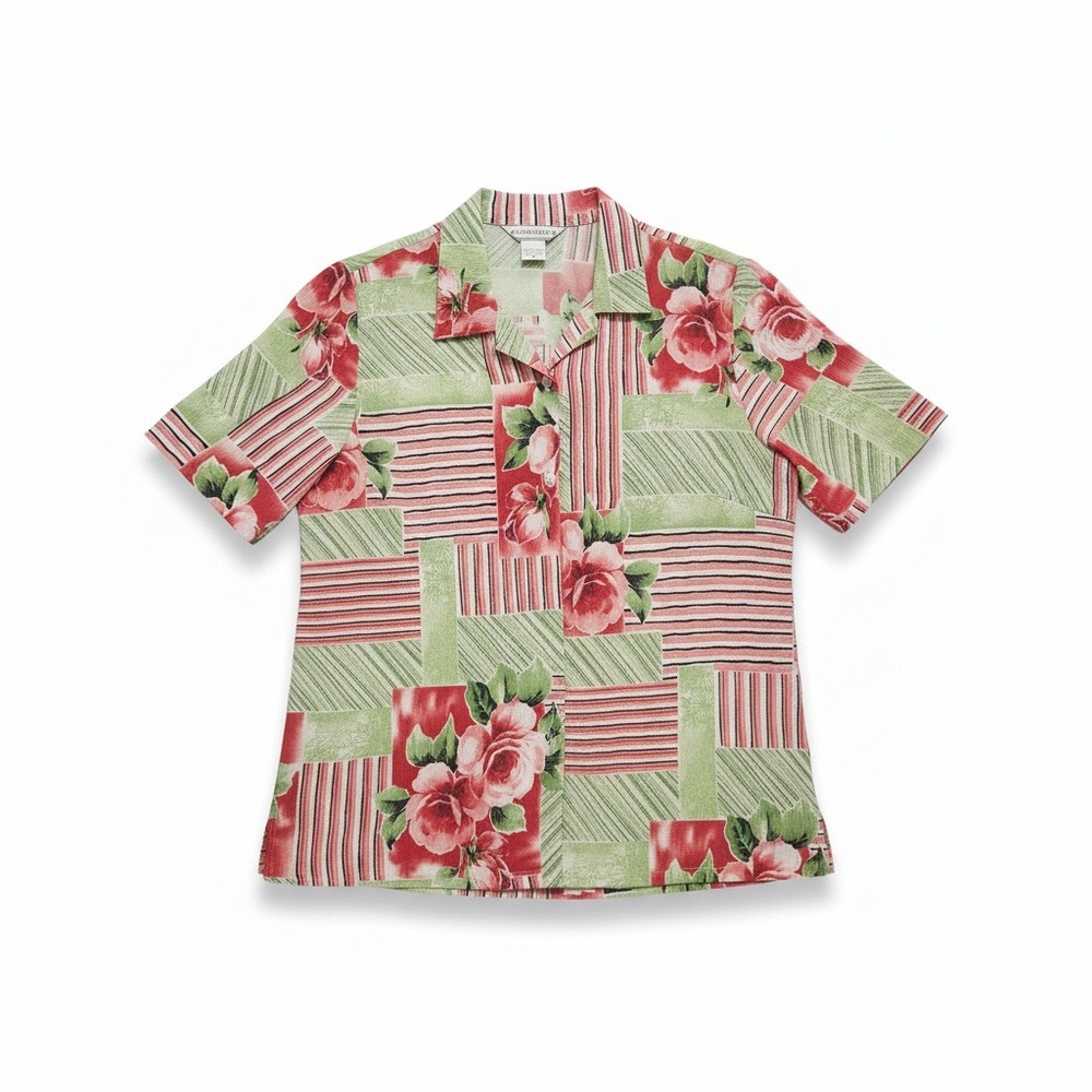 Allison Daley Green Pink Floral Patchwork Plisse Button Up, Woman's Size 8 Shirt